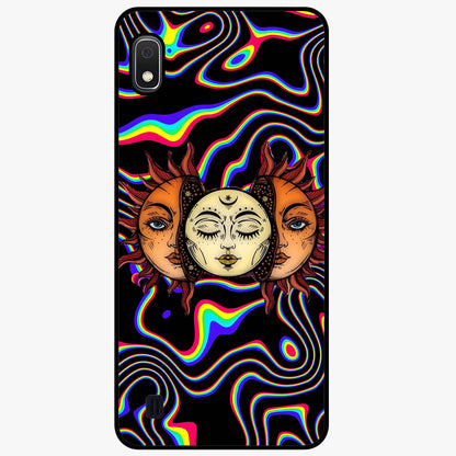 Psychedelic Sun Glass Case showing flat back view with colorful psychedelic sun artwork and glossy glass finish.