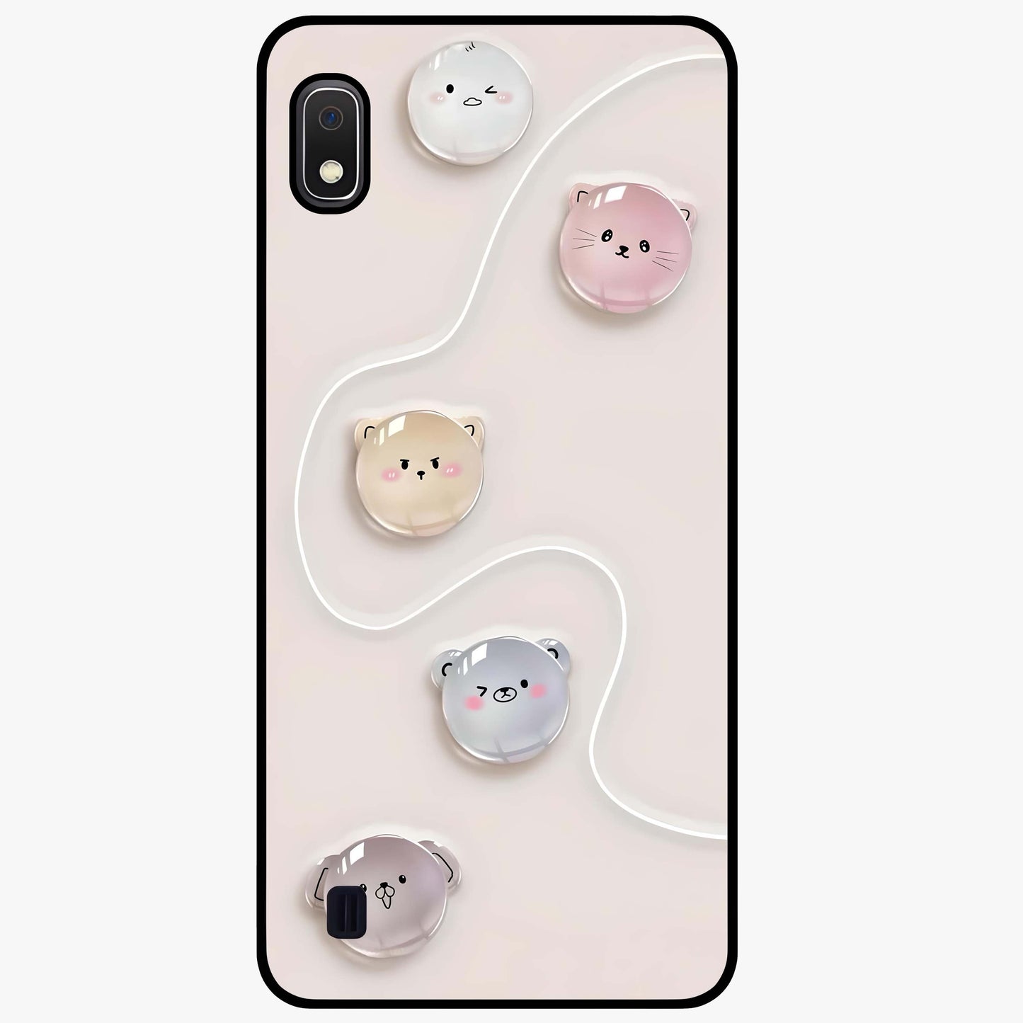 Puffy Face Parade Glass Case showing flat back view with cute puffy character faces artwork and glossy glass finish.