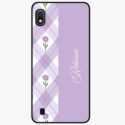 Purple Diamond Floral Glass Case showing flat back view with diamond shaped floral artwork and glossy glass finish.