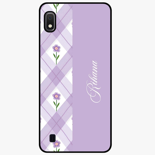 Purple Diamond Floral Glass Case showing flat back view with diamond shaped floral artwork and glossy glass finish.