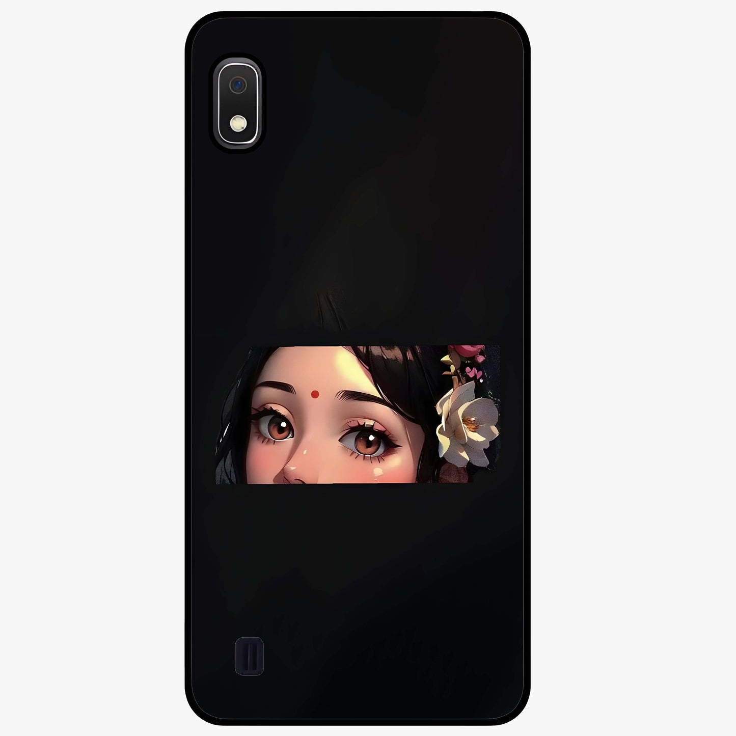 Radha Divine Embrace Glass Case showing flat back view with devotional Radha artwork and glossy glass finish.