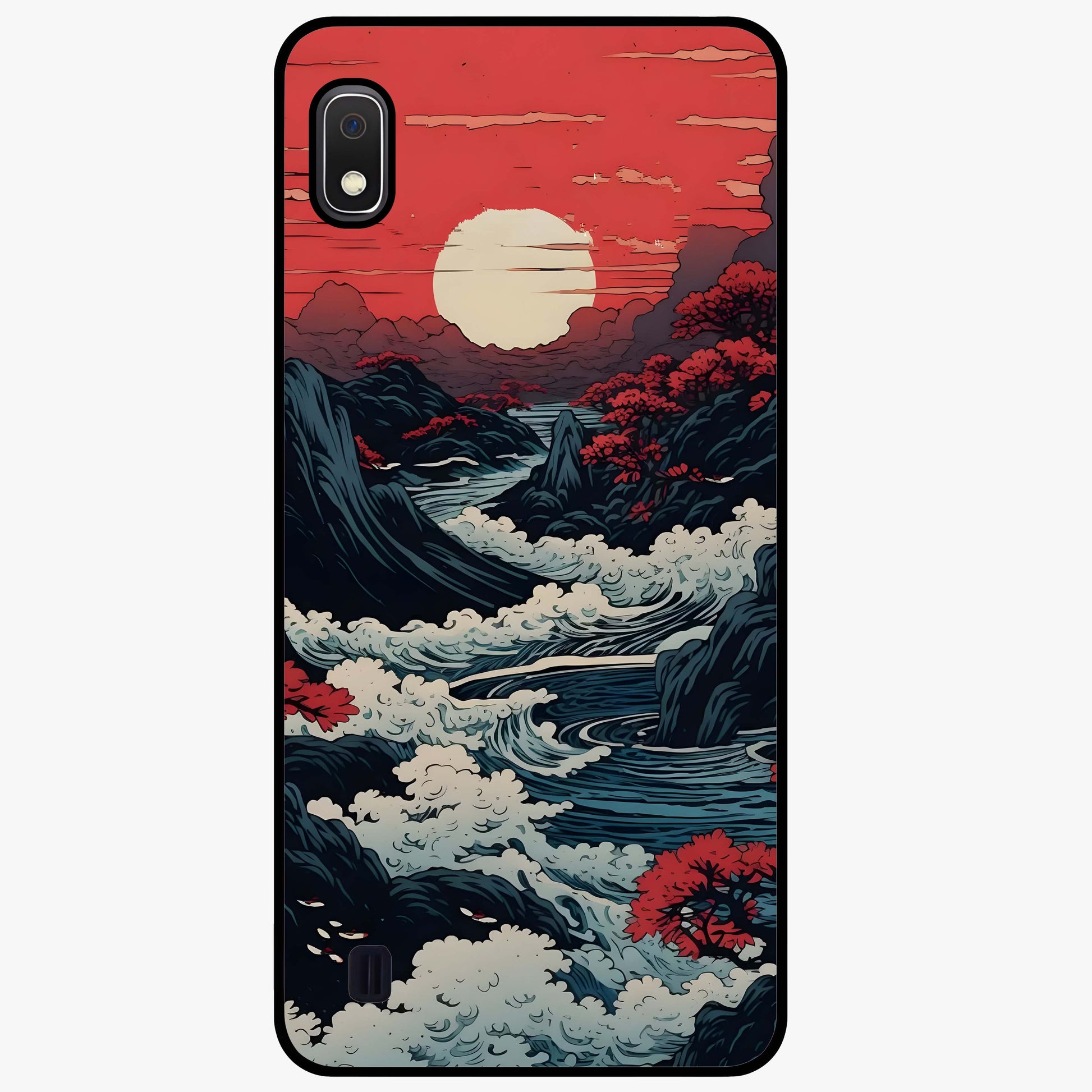 Red Sunset Scenery Glass Case showing flat back view with vibrant sunset landscape artwork and glossy glass finish.