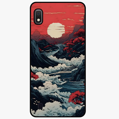 Red Sunset Scenery Glass Case showing flat back view with vibrant sunset landscape artwork and glossy glass finish.
