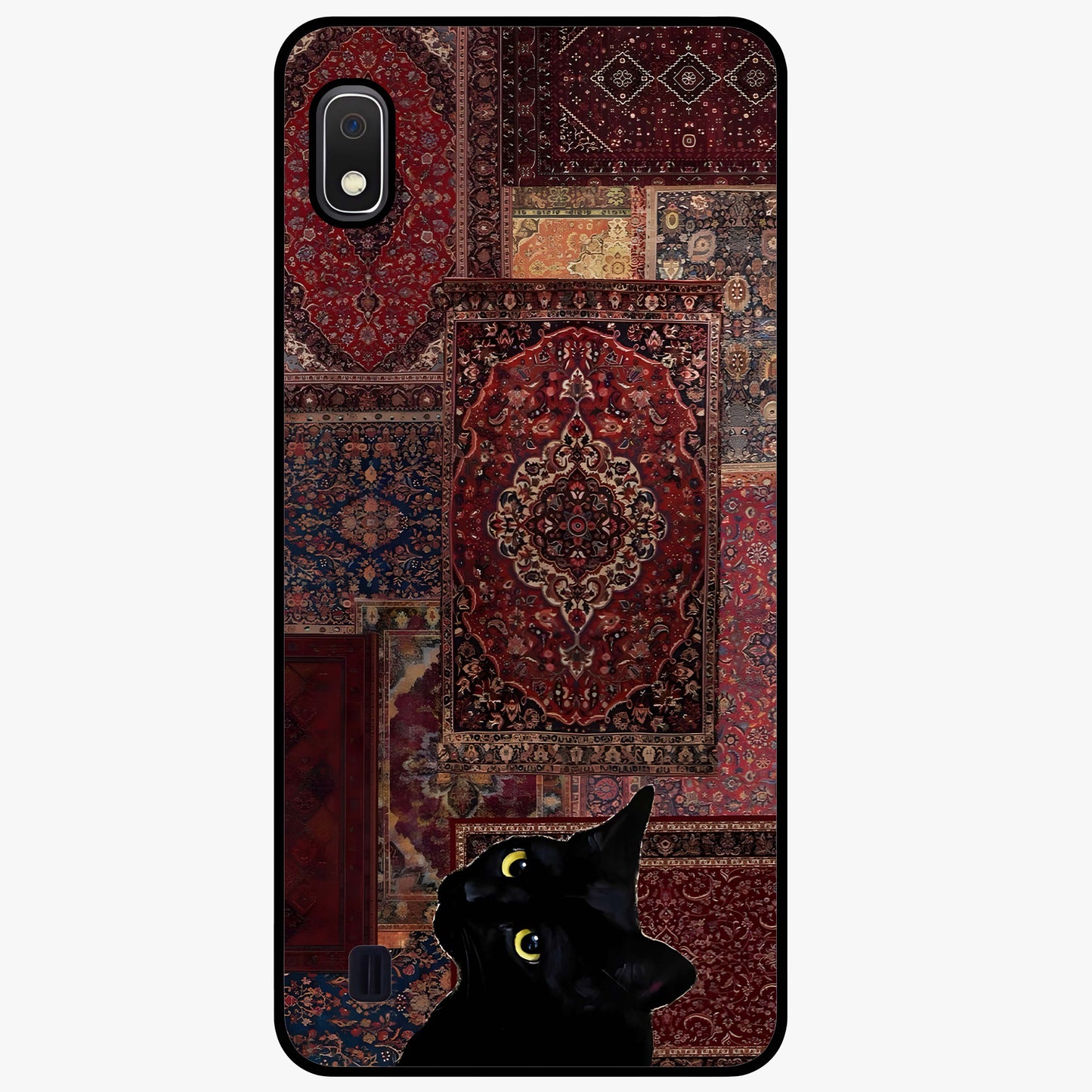 Regal Magic Cat Apple Glass Case showing flat back view with magical cat artwork holding apple and glossy glass finish.