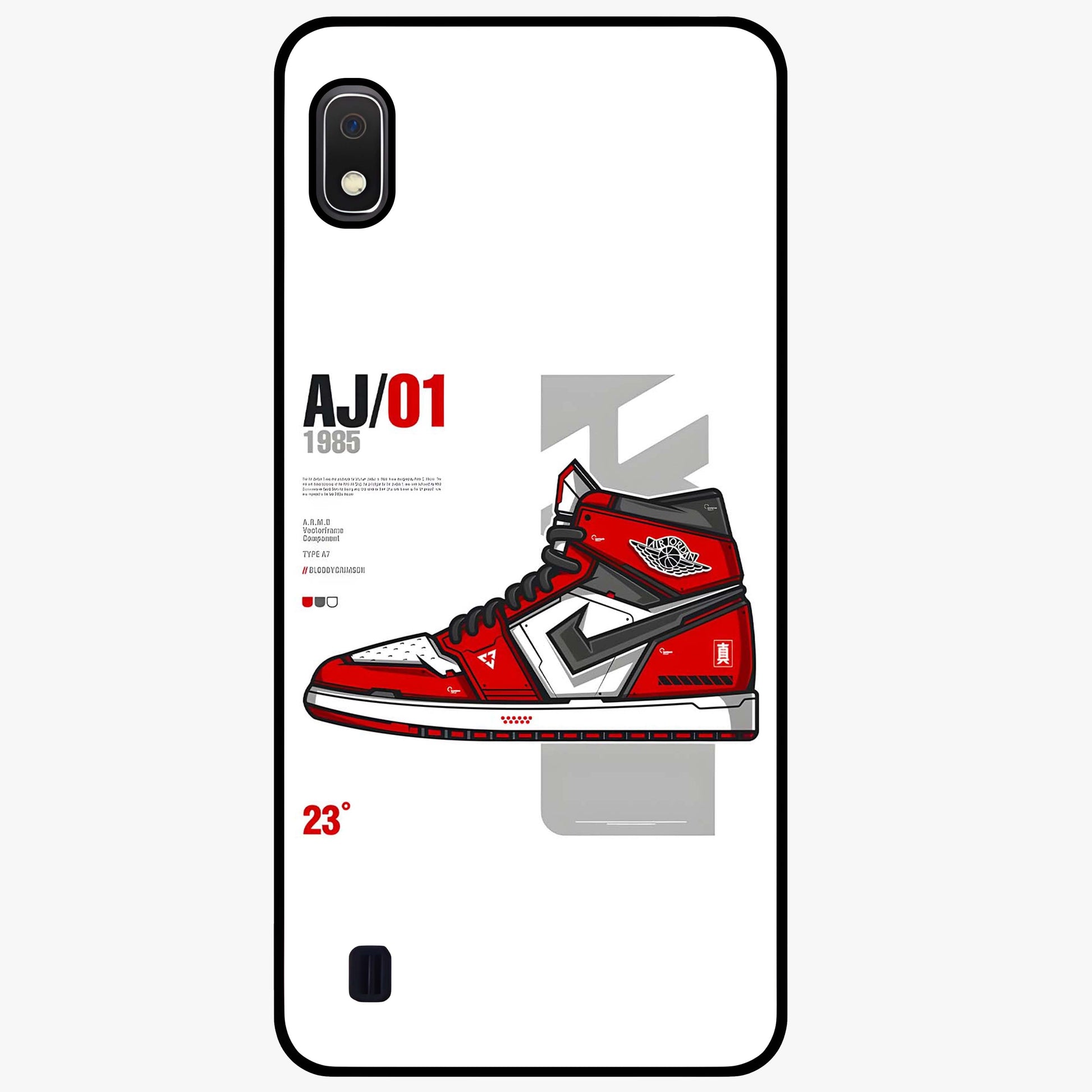 Retro Sneaker Blueprint Glass Case showing flat back view with sneaker blueprint style artwork and glossy glass finish.