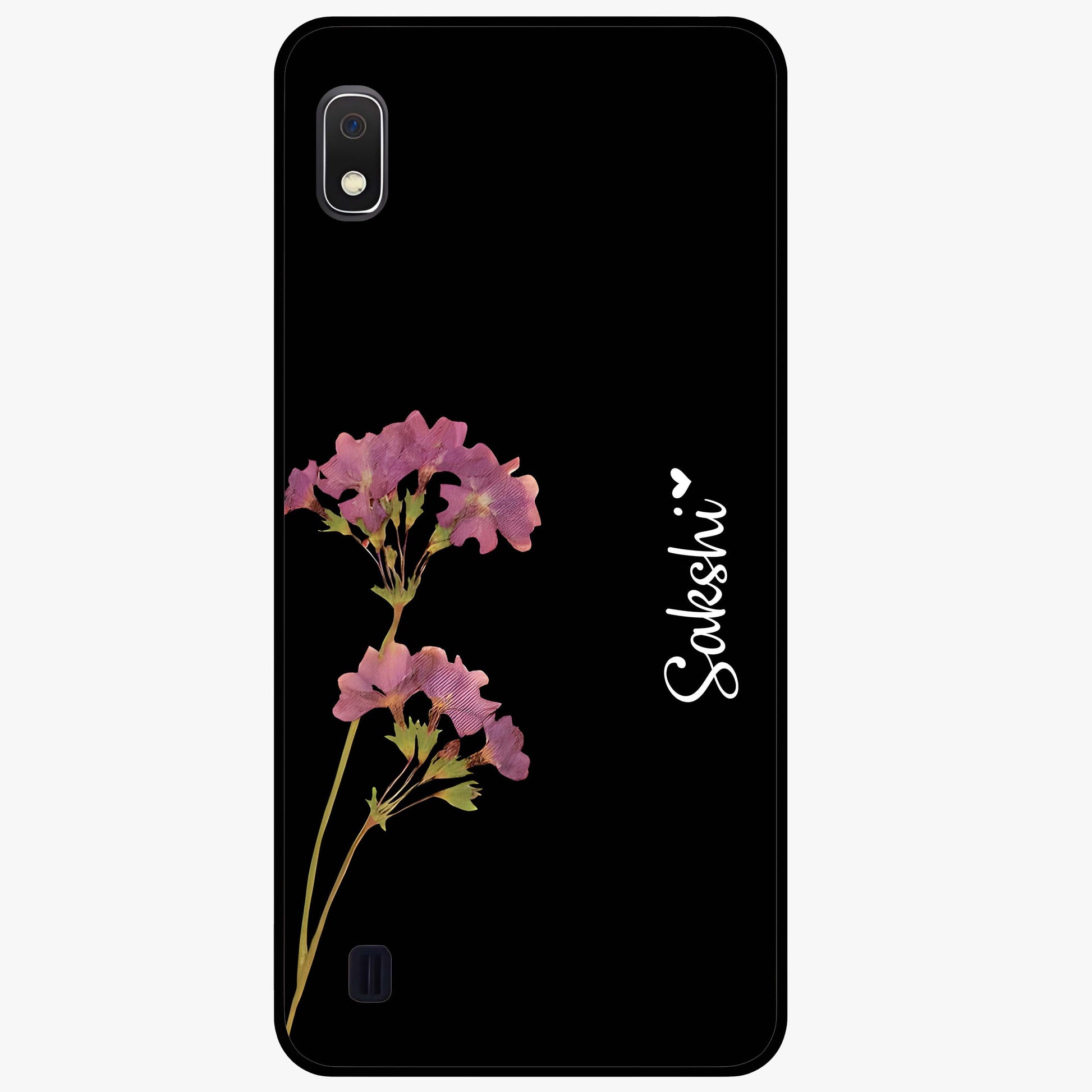 Riching Lavender Flower Custom Name Glass Case showing flat back view with lavender floral artwork and personalized name design.