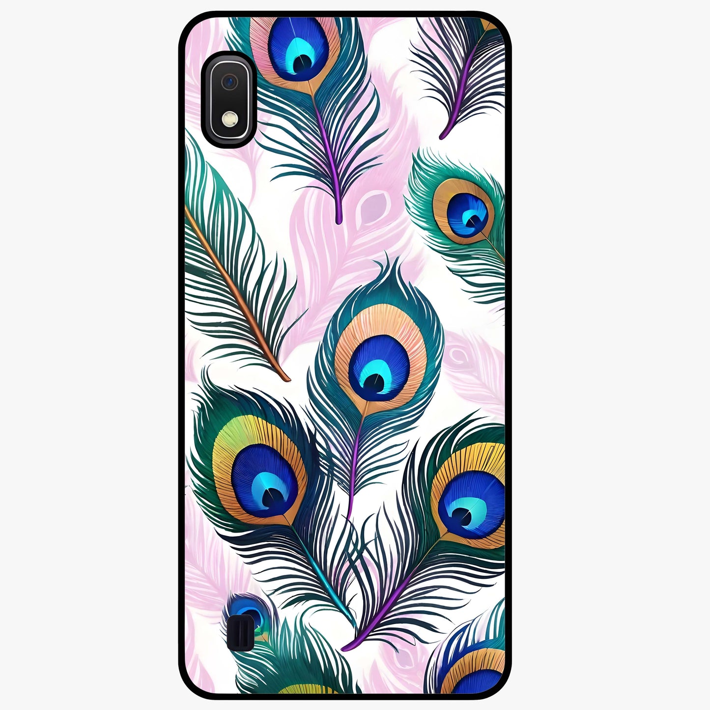Royal Peacock Feathers Glass Case showing flat back view with colorful peacock feather artwork and glossy glass finish.