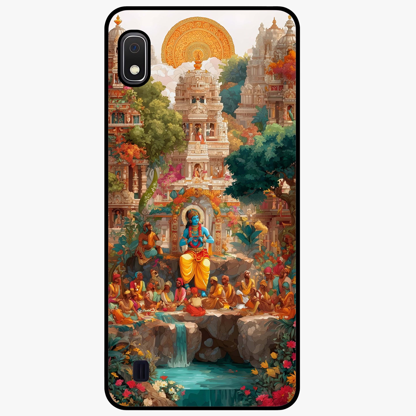Sacred Sunlight Gods Glass Case showing flat back view with divine sunlight themed artwork and glossy glass finish.