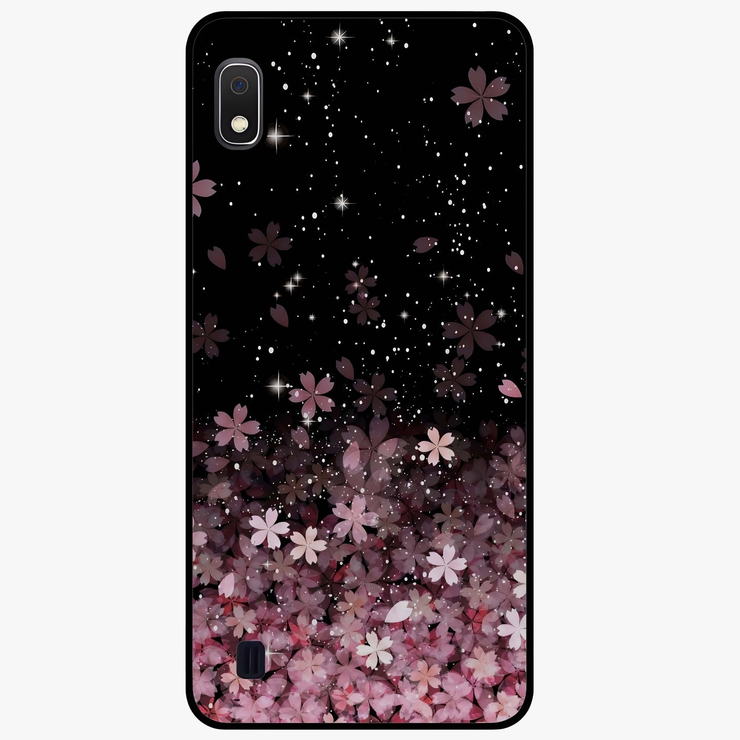 Small Starry Flowers Glass Case showing flat back view with delicate starry floral artwork and glossy glass finish.