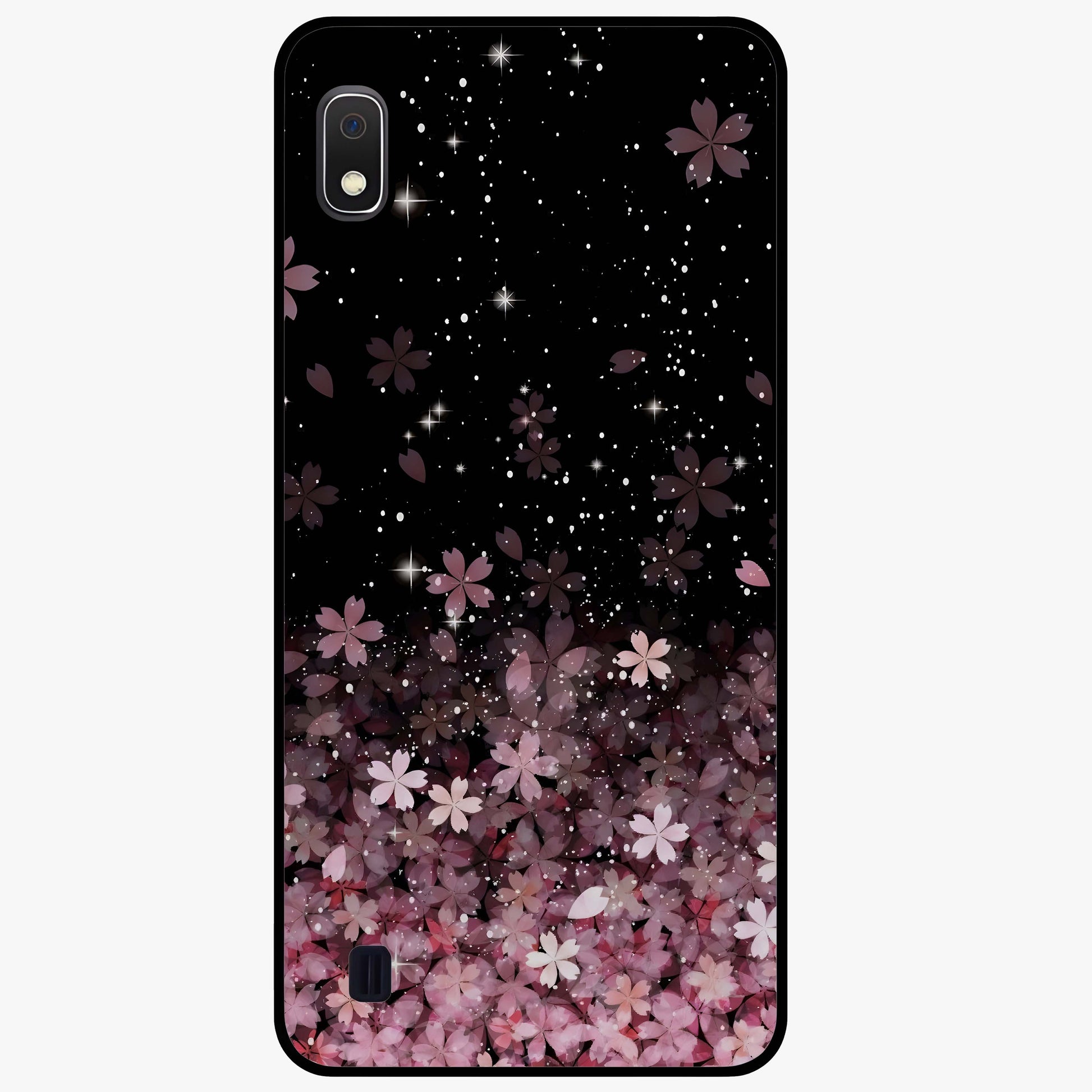 Small Starry Flowers Glass Case showing flat back view with delicate starry floral artwork and glossy glass finish.