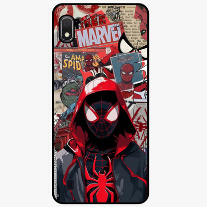 Spider Collage Street Glass Case showing flat back view with vibrant superhero collage artwork and glossy glass finish.