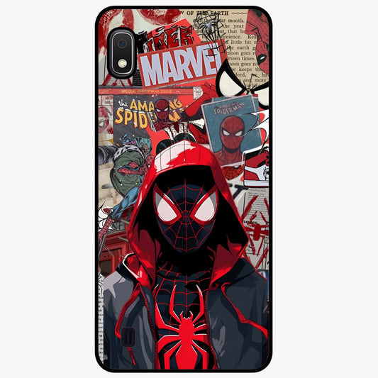 Spider Collage Street Glass Case showing flat back view with vibrant superhero collage artwork and glossy glass finish.