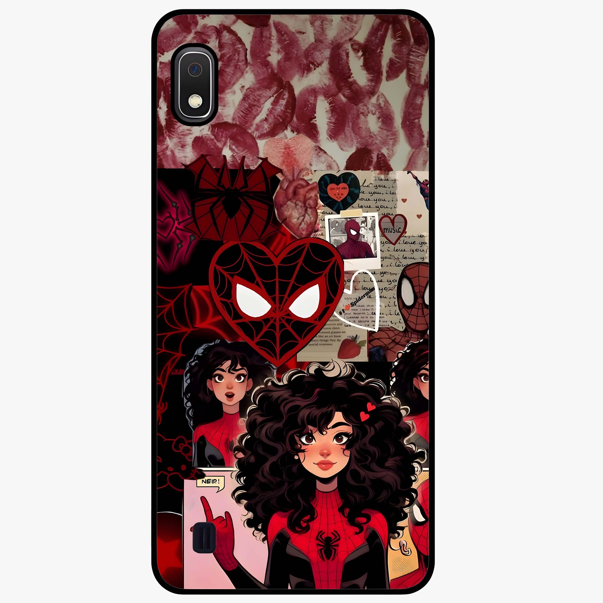 Spider Love Story Glass Case showing flat back view with romantic superhero themed artwork and glossy glass finish.