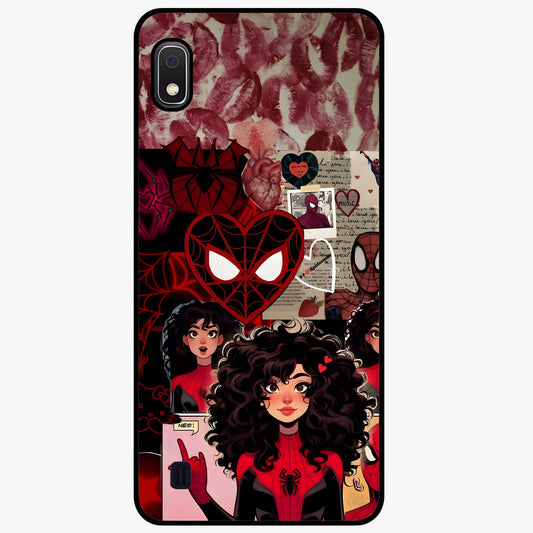 Spider Love Story Glass Case showing flat back view with romantic superhero themed artwork and glossy glass finish.