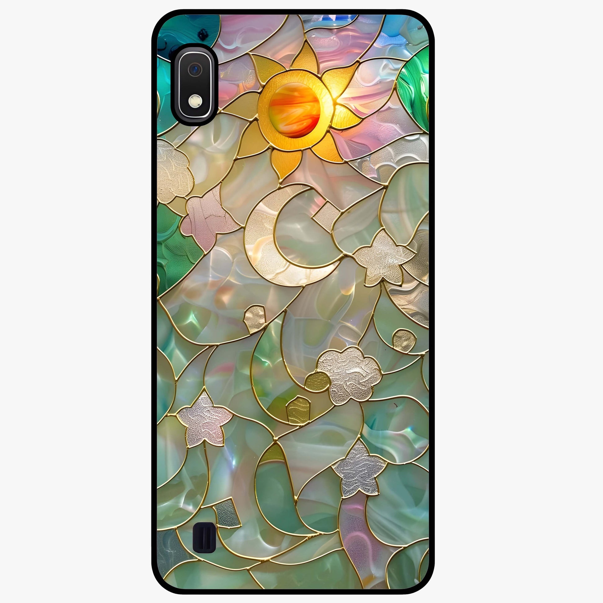Stained Sunrise Glow Glass Case showing flat back view with glowing sunrise stained pattern artwork and glossy glass finish.