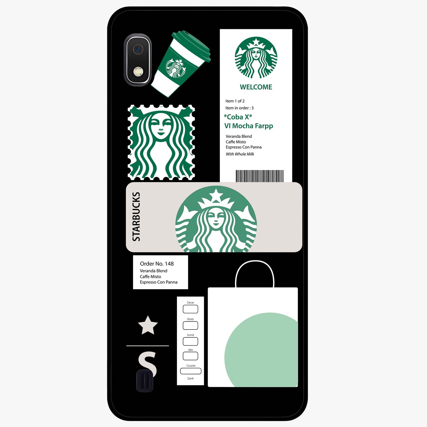 Starbucks Mocha Glass Case showing flat back view with coffee inspired artwork and glossy glass finish.