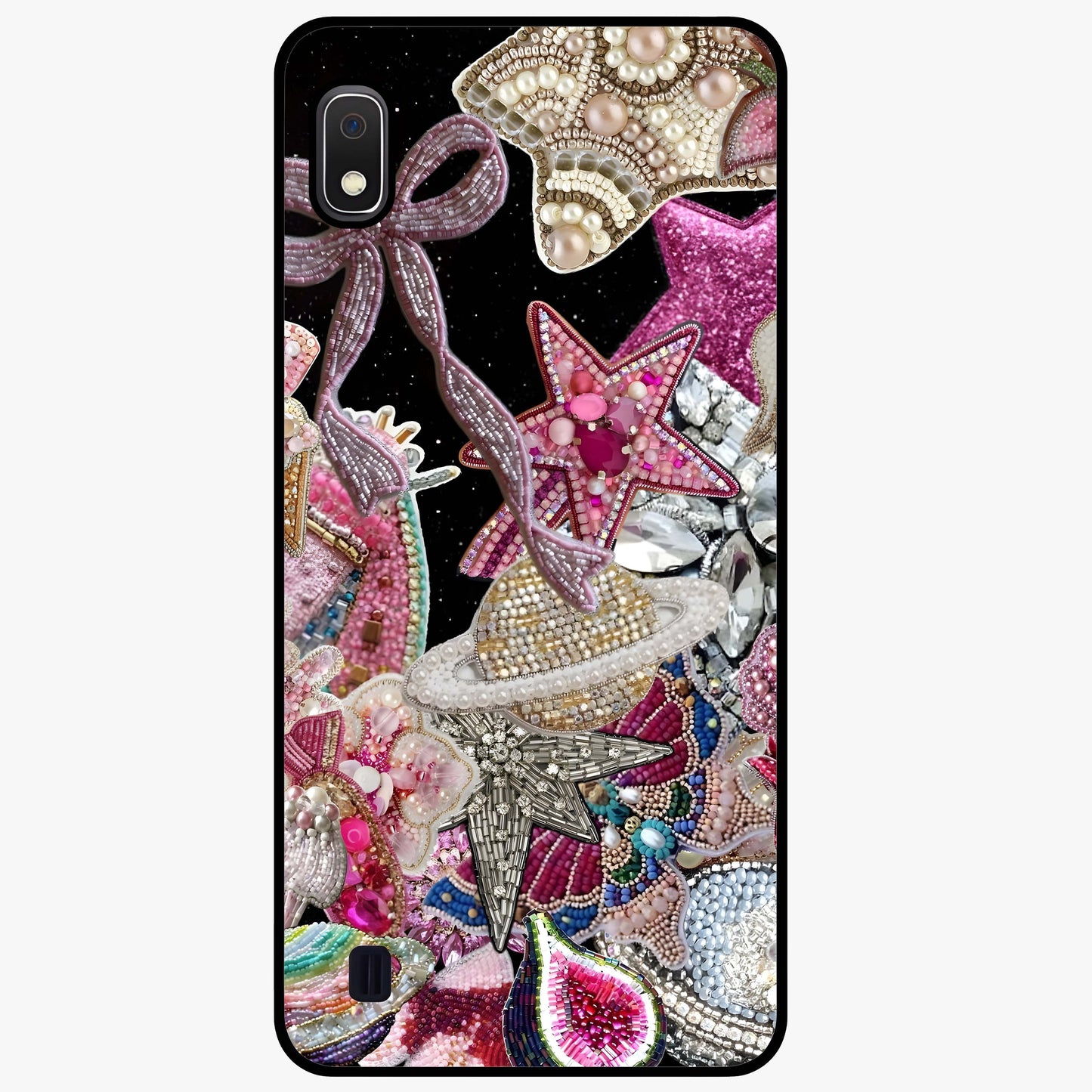 Starlit Jewel Dream Glass Case showing flat back view with sparkling jewel and star themed artwork and glossy glass finish.