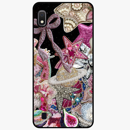 Starlit Jewel Dream Glass Case showing flat back view with sparkling jewel and star themed artwork and glossy glass finish.
