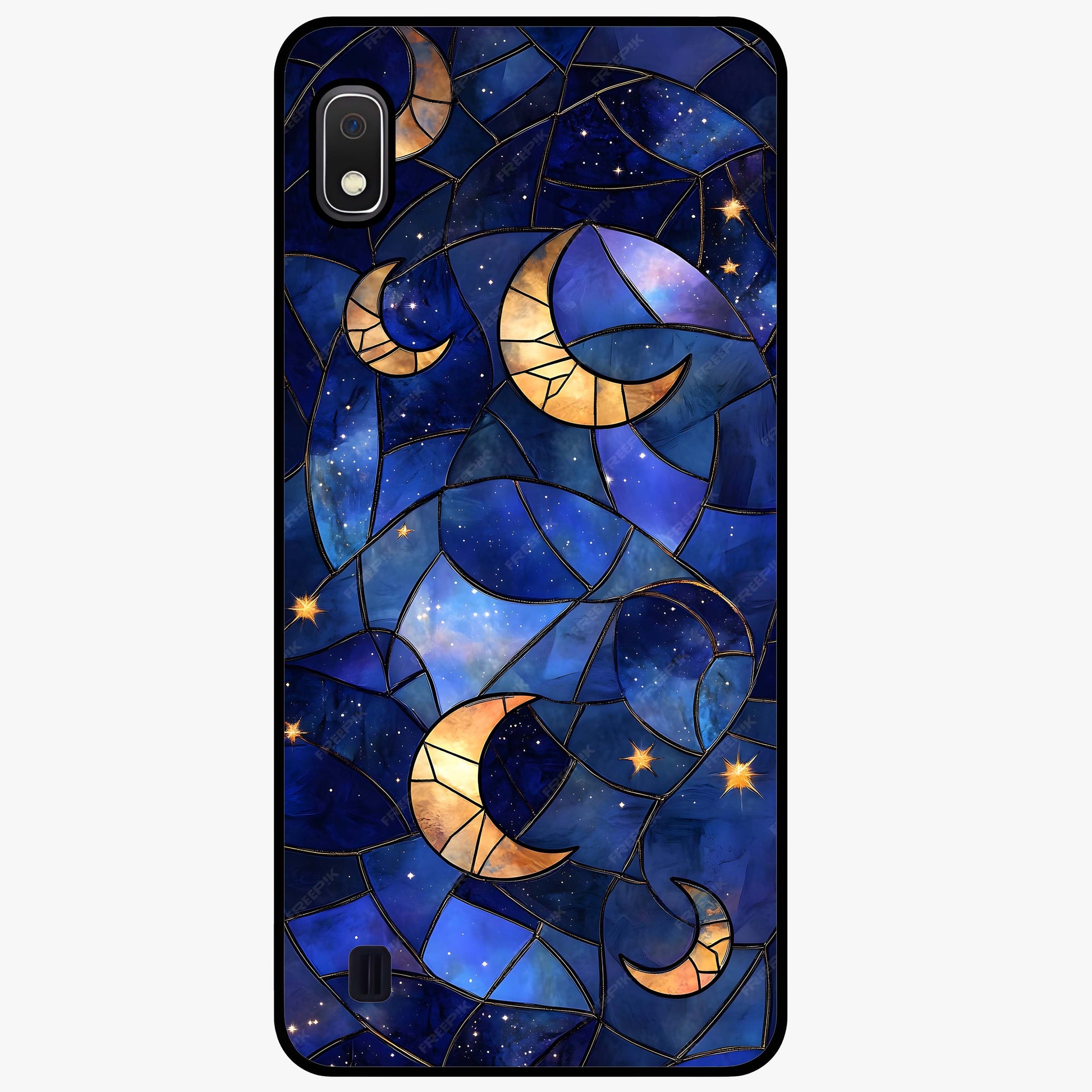 Starlit Sky Tapestry Glass Case showing flat back view with decorative starry sky tapestry artwork and glossy glass finish.