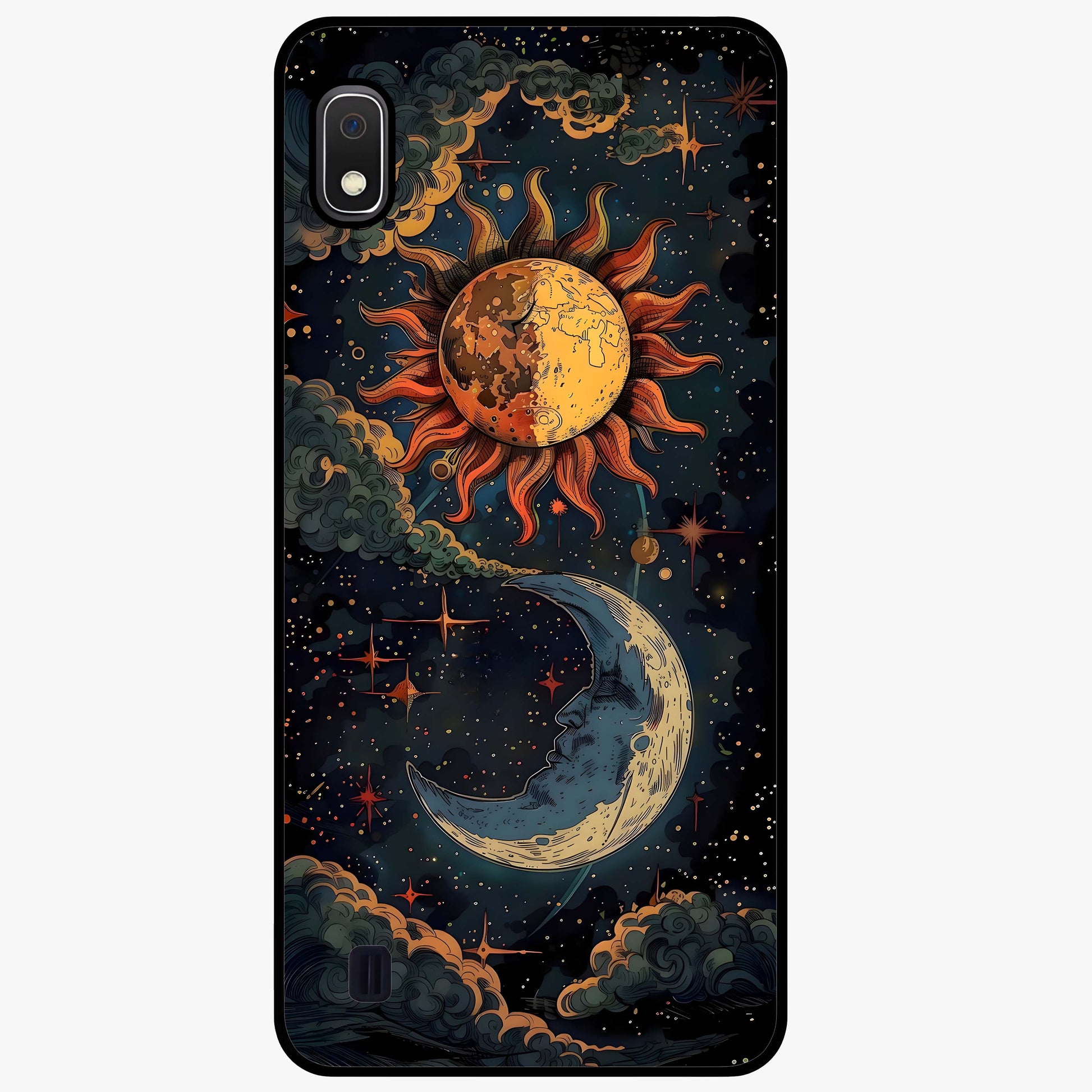 Sun And Moon Magic Design Glass Case showing flat back view with mystical sun and moon artwork and glossy glass finish.