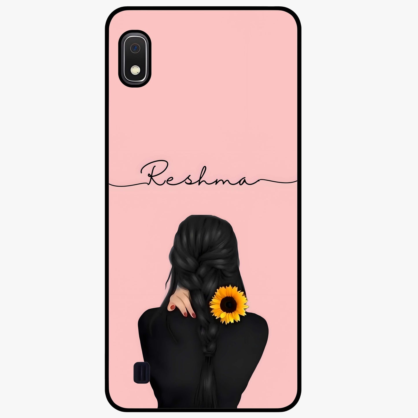 Sunflower Braid Beauty With Custom Name Glass Case showing flat back view with sunflower braid artwork and personalized name design.