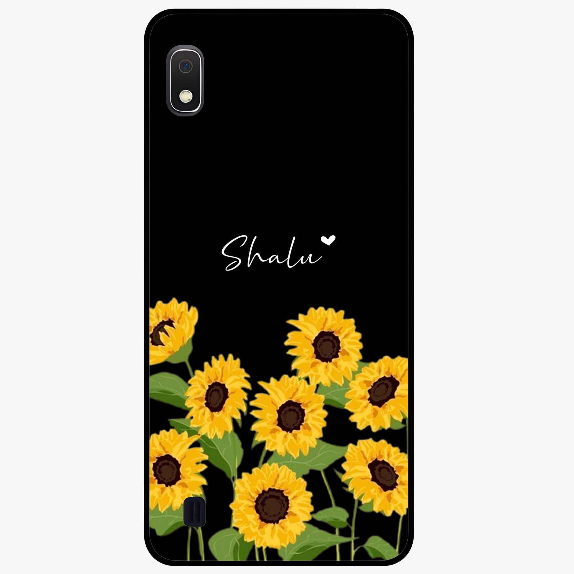 Sunflower Chic Mood Custom Name Glass Case showing flat back view with stylish sunflower artwork and personalized name design.
