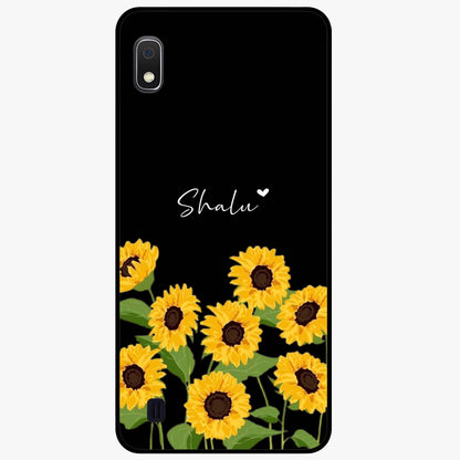 Sunflower Chic Mood Custom Name Glass Case showing flat back view with stylish sunflower artwork and personalized name design.