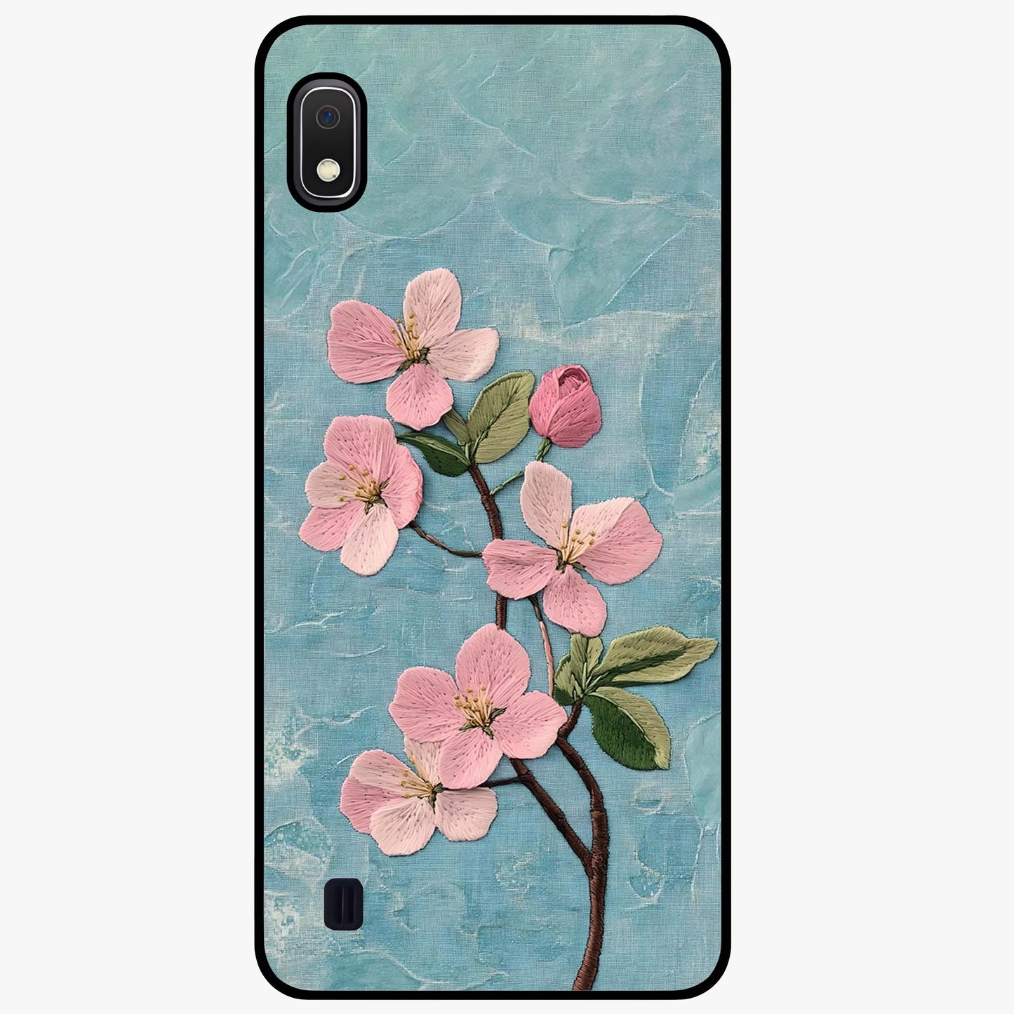 Threaded Blossom Breeze Glass Case showing flat back view with delicate blossom artwork and glossy glass finish.