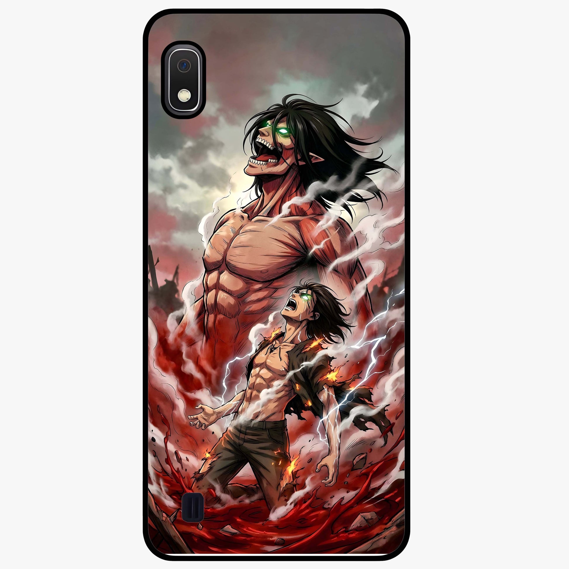 Titan Awakening Fury Glass Case showing flat back view with powerful titan inspired artwork and glossy glass finish.