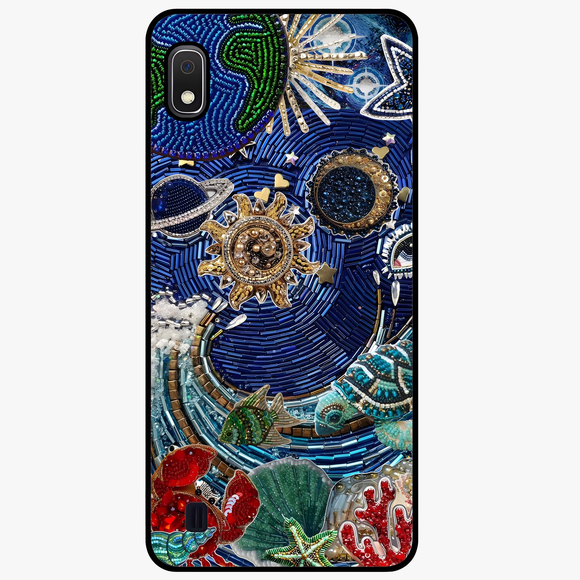 Universe Underwater Spark Glass Case showing flat back view with cosmic underwater themed artwork and glossy glass finish.