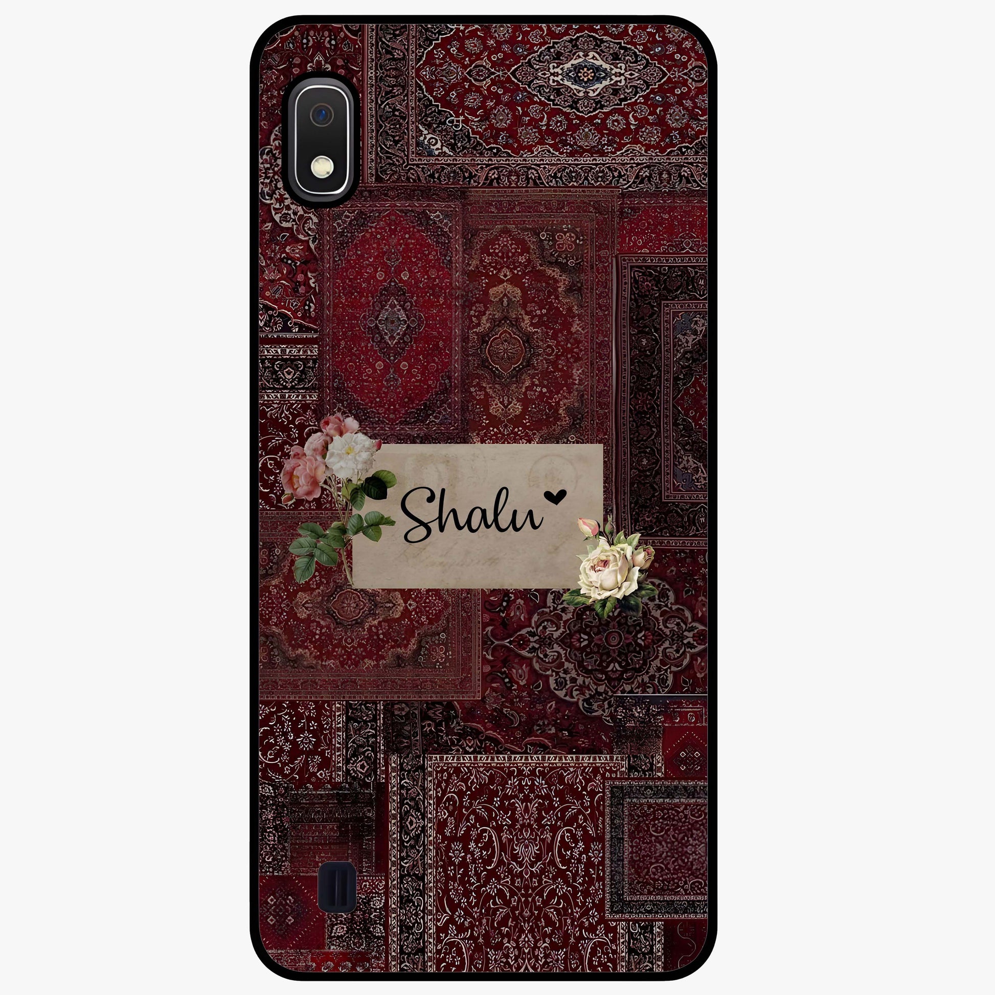 Velvet Wine Pattern Custom Name Glass Case showing flat back view with elegant wine colored pattern artwork and personalized name design.