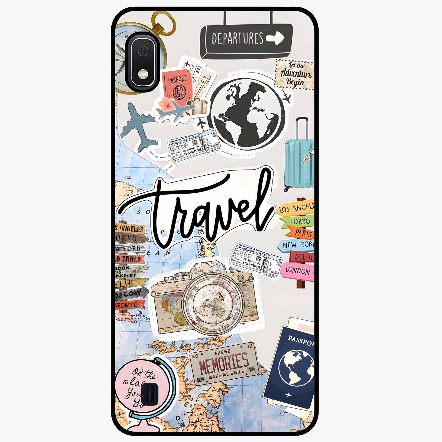 Wanderlust Journal Glass Case showing flat back view with travel inspired artwork and glossy glass finish.