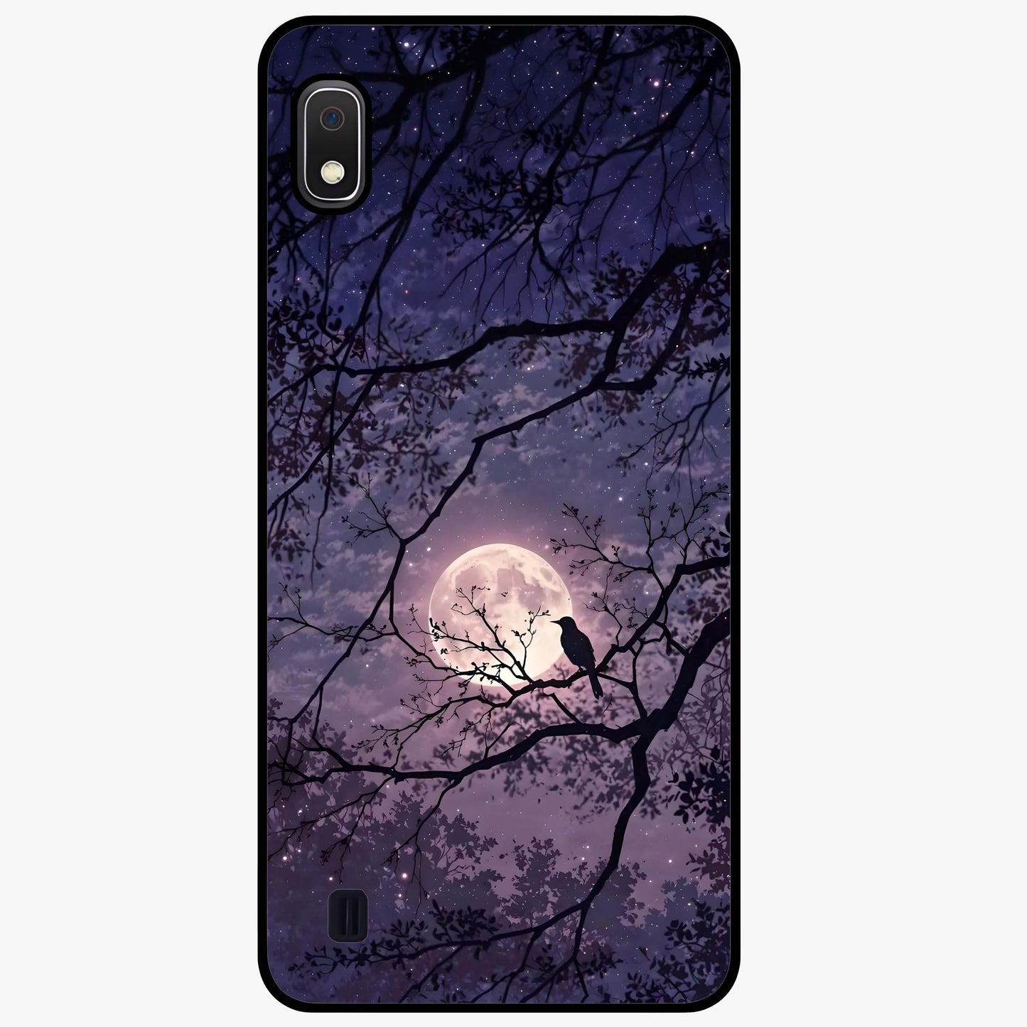 Whispering Moon Silence Glass Case showing flat back view with serene moon themed artwork and glossy glass finish.