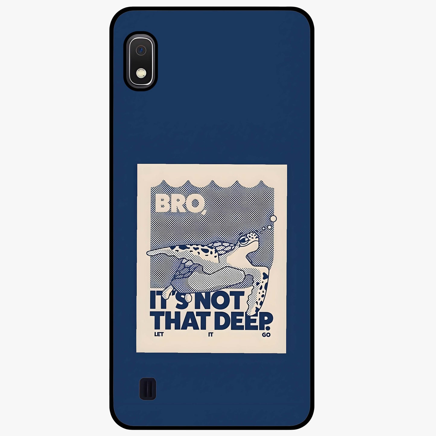 Worry Less Swim Glass Case showing flat back view with playful motivational artwork and glossy glass finish.