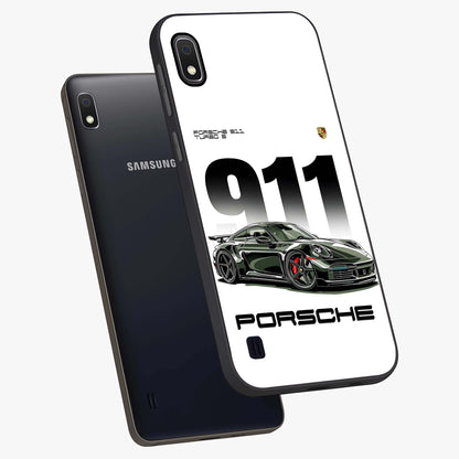 911 Turbo Dominance Glass Case displayed in premium angled mockup highlighting sporty car illustration and sleek glass surface.