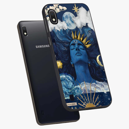 Aesthetic Lord Shiva Glass Case displayed in angled mockup highlighting spiritual Shiva illustration and sacred aesthetic design.