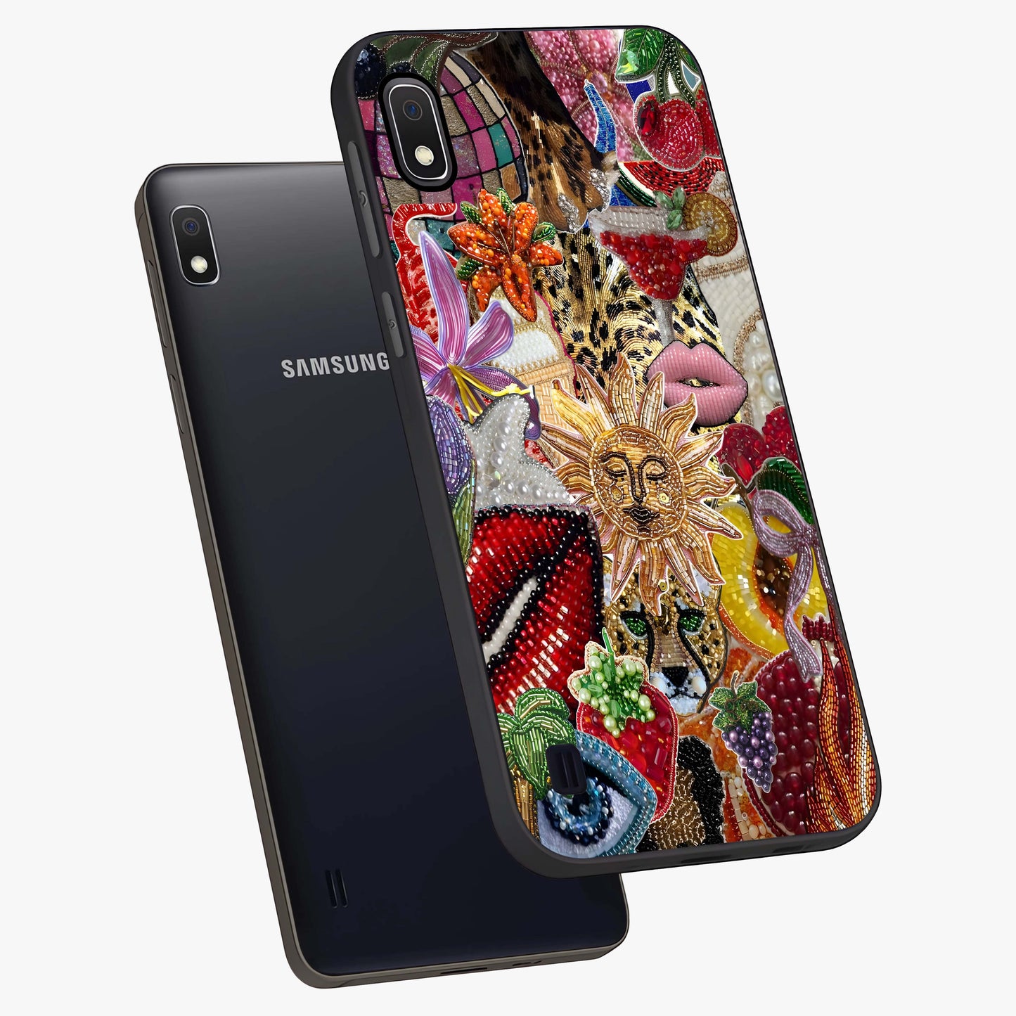 Beaded Fashion Jungle Glass Case displayed in angled mockup highlighting colorful fashion bead design and artistic pattern.