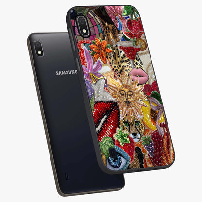 Beaded Fashion Jungle Glass Case displayed in angled mockup highlighting colorful fashion bead design and artistic pattern.