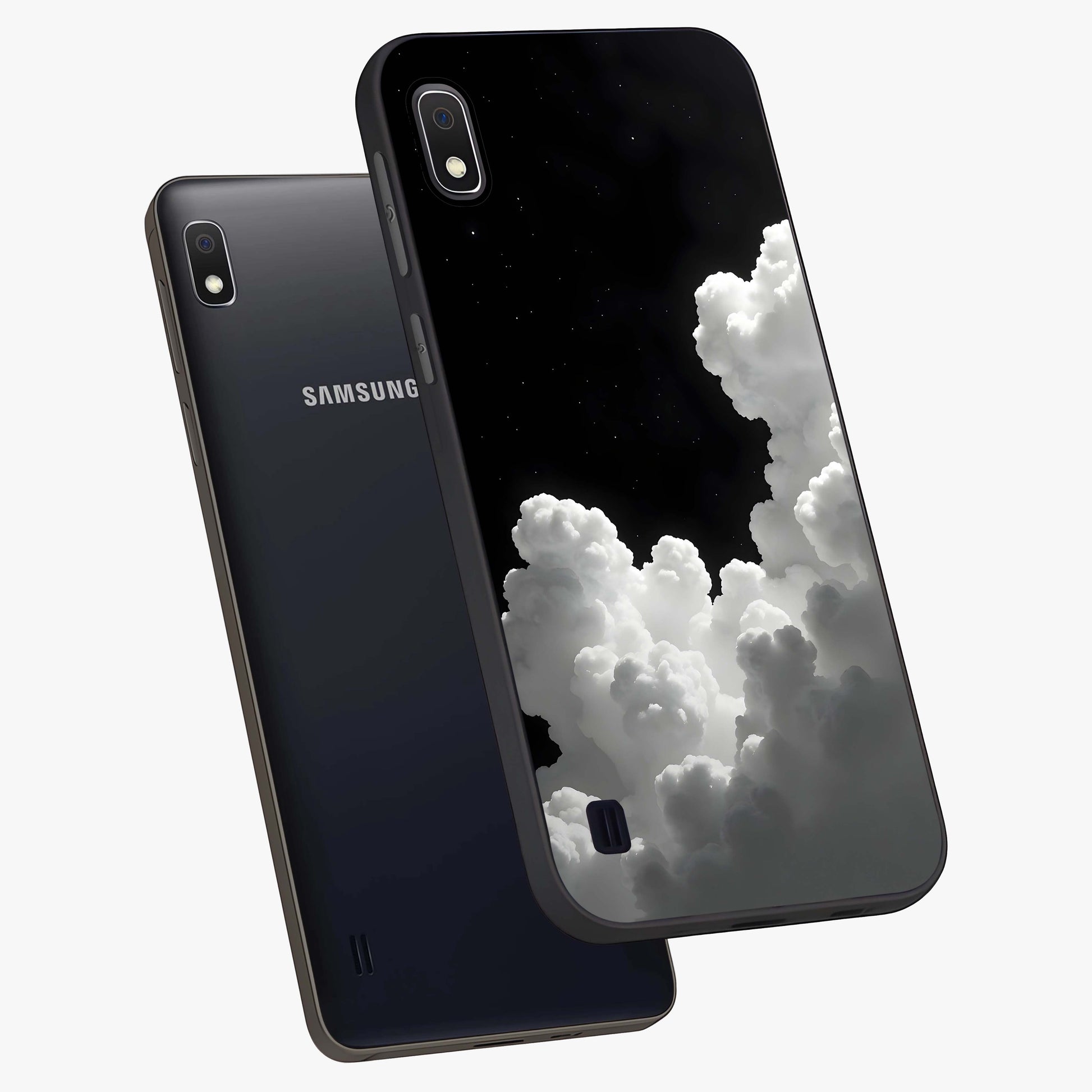 Black Background With White Cloud Glass Case displayed in angled mockup highlighting soft white cloud illustration and minimal design.