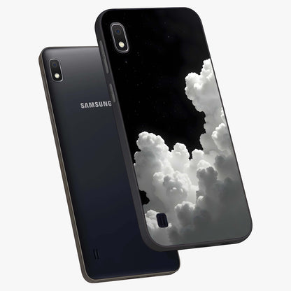Black Background With White Cloud Glass Case displayed in angled mockup highlighting soft white cloud illustration and minimal design.