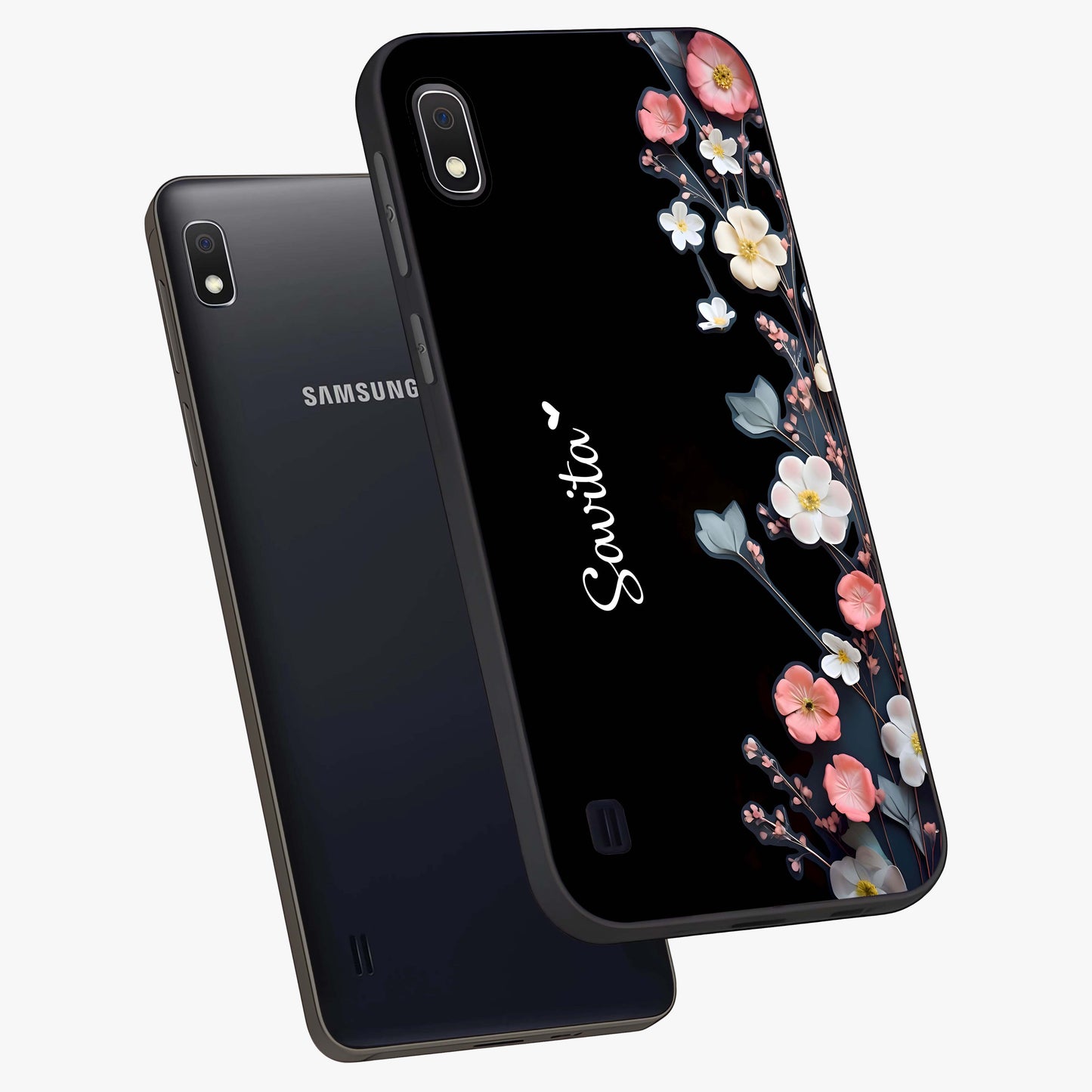 Black Elegance Floral Custom Name Glass Case displayed in angled mockup highlighting dark floral aesthetic and custom name feature.