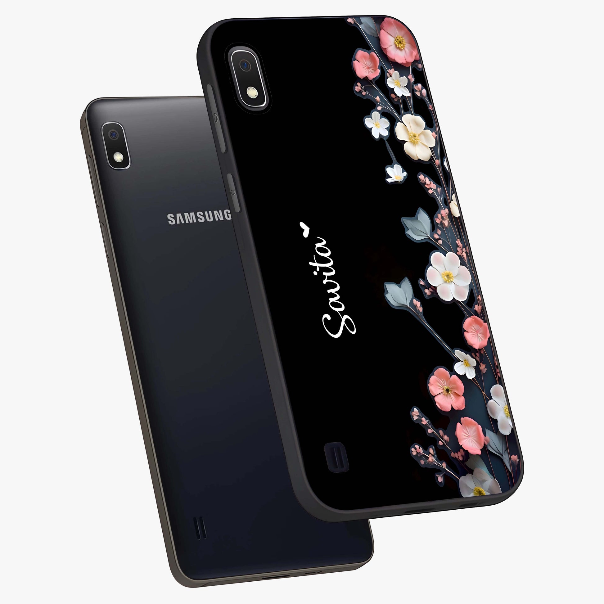 Black Elegance Floral Custom Name Glass Case displayed in angled mockup highlighting dark floral aesthetic and custom name feature.