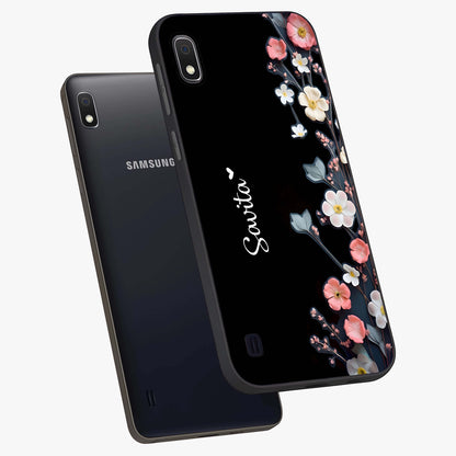 Black Elegance Floral Custom Name Glass Case displayed in angled mockup highlighting dark floral aesthetic and custom name feature.