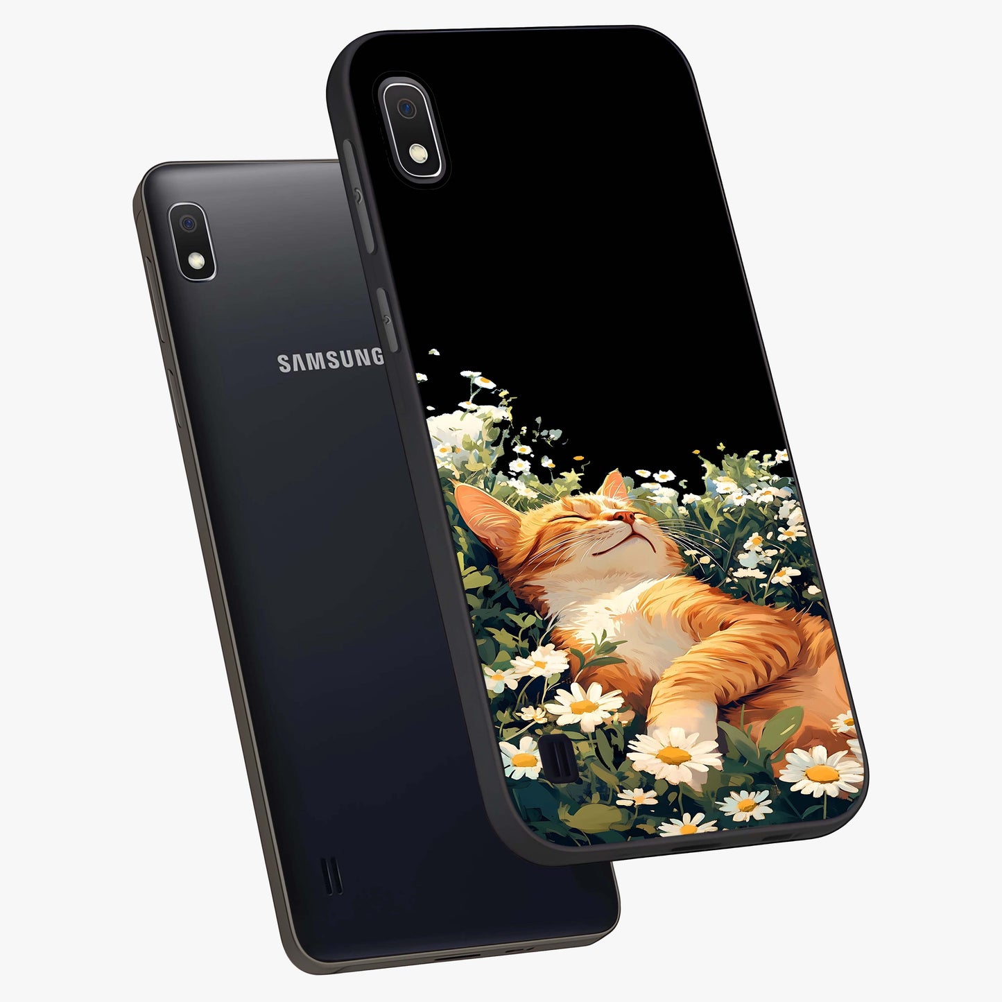 Blissful Bloom Cat Glass Case displayed in angled mockup highlighting playful feline illustration with soft floral aesthetic.