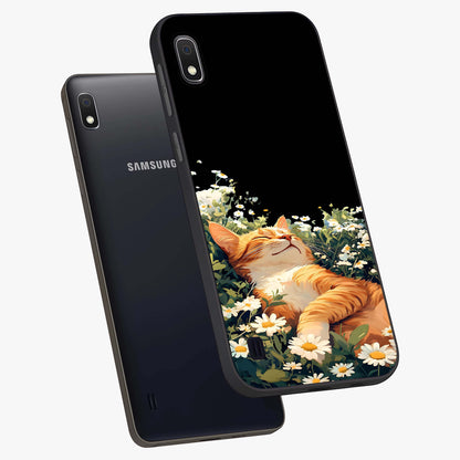 Blissful Bloom Cat Glass Case displayed in angled mockup highlighting playful feline illustration with soft floral aesthetic.