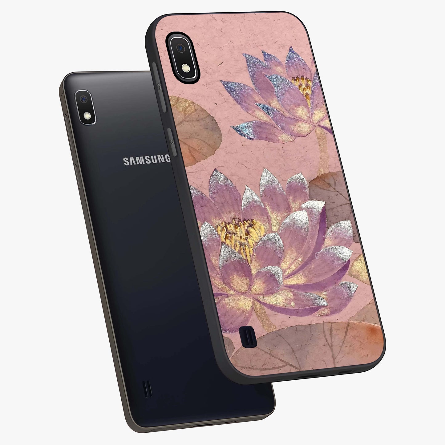 Blossom Mist Lotus Glass Case displayed in angled mockup highlighting delicate lotus illustration with calm aesthetic theme.
