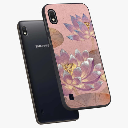 Blossom Mist Lotus Glass Case displayed in angled mockup highlighting delicate lotus illustration with calm aesthetic theme.
