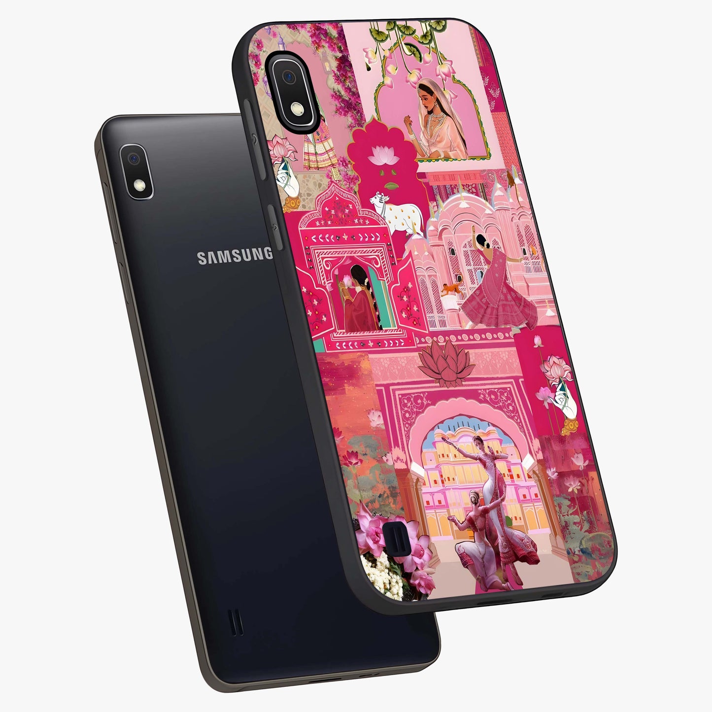 Blossoms of Rajasthan Glass Case displayed in angled mockup highlighting vibrant floral pattern with cultural aesthetic style.