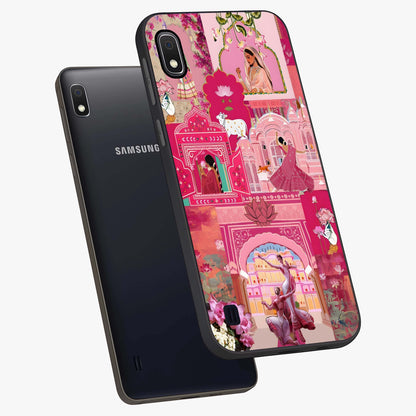 Blossoms of Rajasthan Glass Case displayed in angled mockup highlighting vibrant floral pattern with cultural aesthetic style.