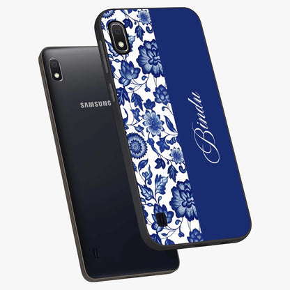 Blue Vintage Floral Pattern Glass Case displayed in angled mockup highlighting subtle bloom pattern with aesthetic pastel design.